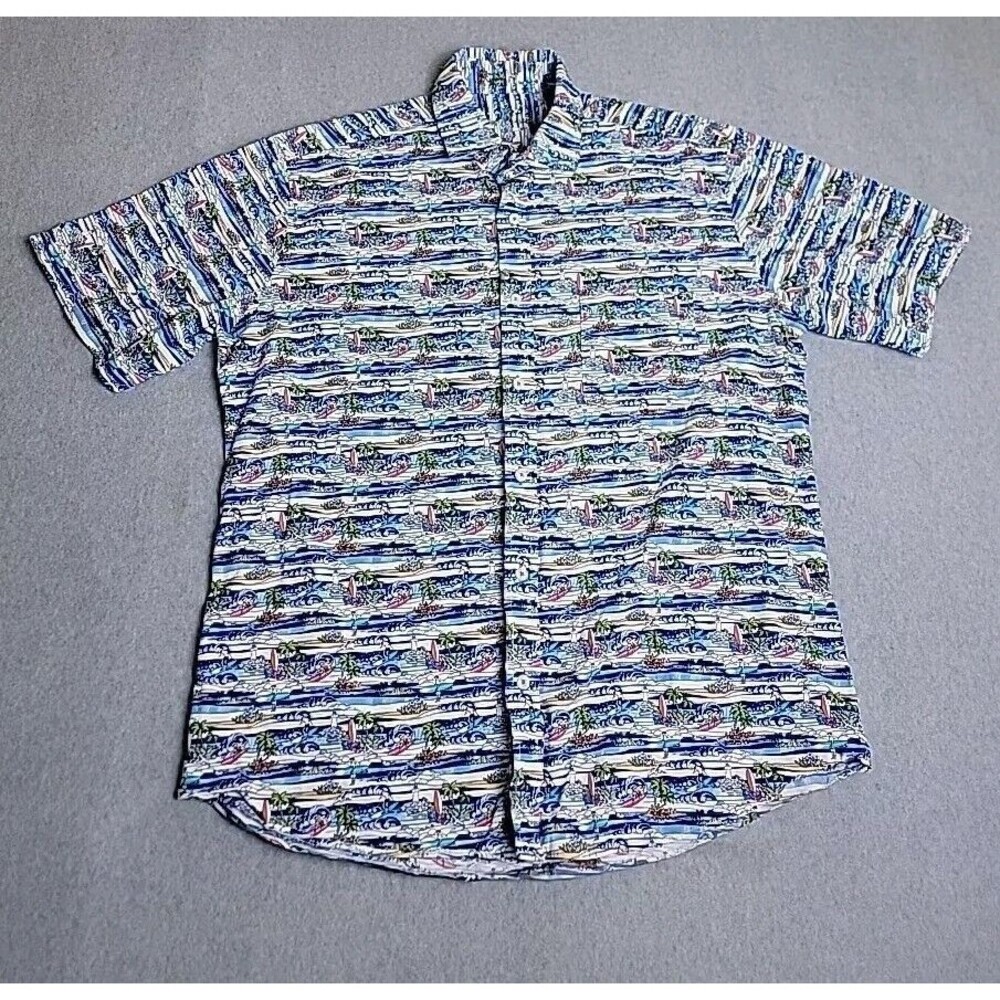 Alan Flusser Button Shirt Mens L Blue Surfer Beach Pocket Fun Cotton Dad Grandpa